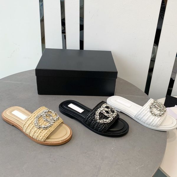 Sandalias tejidas artificiales con LOGOTIPO de diamantes de imitación, zapatos de diseñador con punta abierta, calzado de fábrica con caja