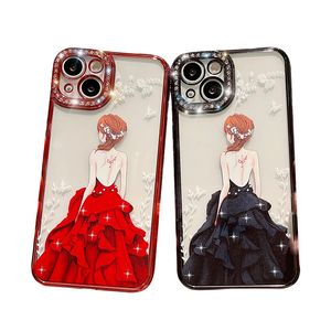 Rhinestone Mobiele telefoonhoesjes Princess Dress Back Cover Girls Apple Telefoonbeveiliging Soft Case voor iPhone 14 13 Pro Max plus 12 11 Premium Design Precieze gaten