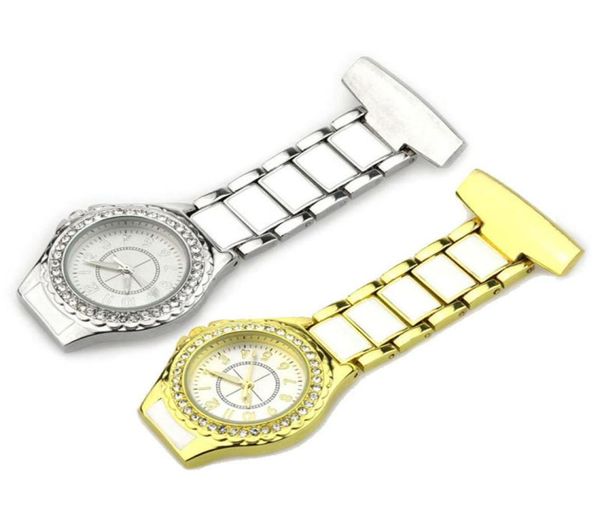 Rhinestone Nurse Watch Fob Pocket Nursing Watch Grooch Reloj de solapa de diamante para el médico del hospital Uso como regalos médicos dorados y Sil1378678