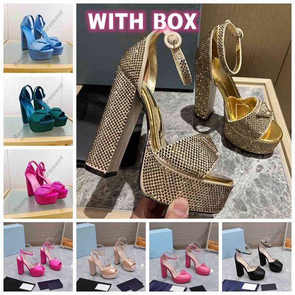 Strass Sandales Femmes Chaussures Habillées Talons Hauts Femmes Escarpins Designers De Luxe Plate-Forme Talon Classique Triangle Boucle Agrémentée Cheville Sangle 14Cm Chaussures De Banquet