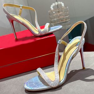 Strass sexy stiletto hakken met bandje aan de zijkant Lederen luxe designerlijn met ronde kop schoenen voor bruiloftsfeest schoenen met open tenen Maten 35-43 + doos