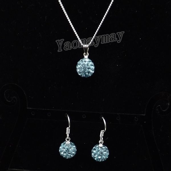 Fashion Rhinestone Jewelery Set Lake Blue Disco Ball Pending y collar para mujeres 10 sets al por mayor