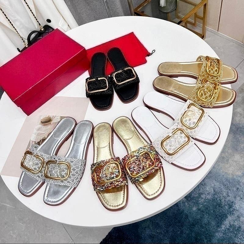 Rhinestone silk slippers luxury designer shoes new woven women's sandals fashion comfortable beach shoes summer outdoor casual shoes top classic non-slip flats36-43