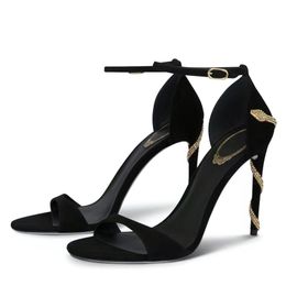 Rhinestone Snake Match Stiletto Sandals Sket de cerf pour femmes Black Gold Sexy Fashion Single Bouton High Heels Top Designer 9cm Banquet Talons Chaussures