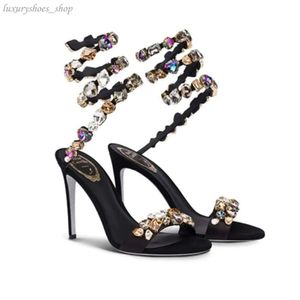 SANDS STRAIS STRAIS STRAISE SANDALS RENE RENE CAVILLA CLEO 95 mm Chaussures de soirée Femme High Talons enveloppe de la cheville Beau Factory Crystal Factory With Box.34-43