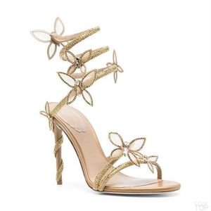 Strass Snake Strass stiletto sandalen Rene Caovilla Cleo 9,5 cm Avondschoenen dames hoge hakken Enkelwikkel luxe designer fabrieksschoen Met boxFlowerH