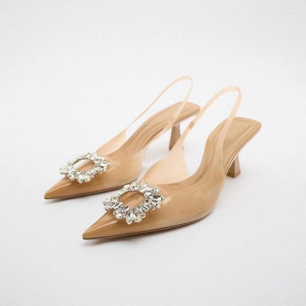 Righinestone carré beige boutone femmes sandales décoratives transparent talons hauts chaussures fashion slingback pompes été 424
