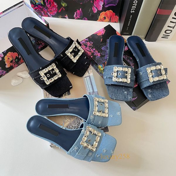 Strass boucle carrée pantoufles plates concepteur d'été dames décontracté tongs denim mode vêtements de luxe pantoufles bleu