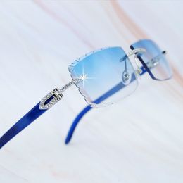 Gafas de sol con diamantes de imitación Y2k Gafas con diamantes de imitación Azul Madera Moda Diseñador de lujo Carter Gafas de sol con estilo Decoración para hombre Marco plateado