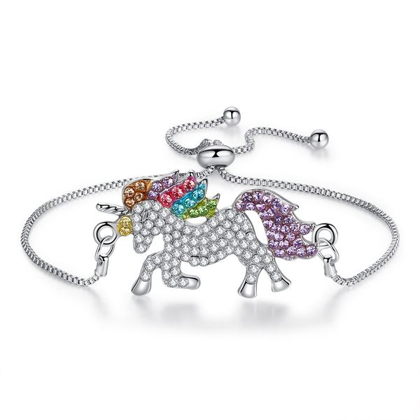 Rhinestone Unicorn Charm Pulseras para mujer Plata Oro Moda Ajustable Diamond Horse Colgante Caja Cadena Chica Señora Regalo Brazalete Joyería