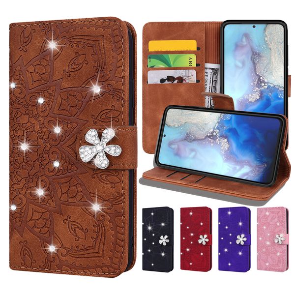 Coques Portefeuille Strass pour Samsung Galaxy S22 S21 S20 Note20 Ultra Note10 Plus - Tournesol Gaufrage Veau Texture Cuir PU Flip Kickstand Cover Case