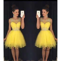 Strass gele staart jurken 8e leerjaar korte prom kristal homecoming jurk pree nek mini afstuderen feestjurk op maat gemaakt 0510