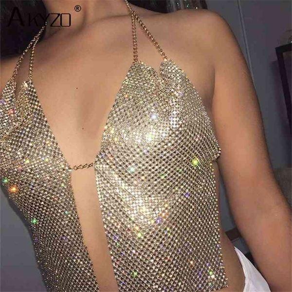 Rhinestones Bar Top Cadenas de cuerpo Lentejuelas de cristal Club nocturno Rave Danza Danza del vientre Cultivo Top Festival Fiesta Clubwear 210401