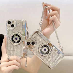 Funda de lujo para teléfono con diamantes de imitación en forma de cámara para iPhone 15 Pro Max 11 12 13 14, cubierta galvanizada con diamantes Flash para mujer, 1 unidad