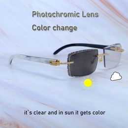 Strass Changement de Couleur Verres Photochromiques Lunettes de Soleil Carter Luxe Iced Out 4 Saison Lunettes Deux Couleurs Lunettes de Soleil Blanc à l'intérieur Noir Corne de Buffle Lunettes de Soleil