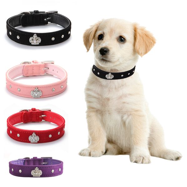 Strass couronne collier de chien matériel de velours doux collier réglable colliers de chat de chien de compagnie avec 4 couleurs XS S M L XL