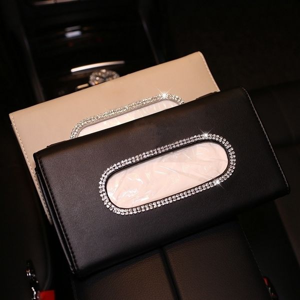 s Crystal Car Tissue Box para Sun Visor PU Leather Hanging Auto Bag Holder Sunshade Case Diamond Accesorios Y200328