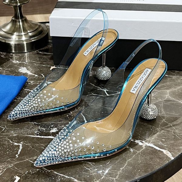 AQUAZZURA Diamantes de imitación Sandalias PVC adornado con cristales Tacón de aguja Tacones Mujer Diseñadores de lujo Cuero Suela de seda Zapatos de noche Calzado de fábrica