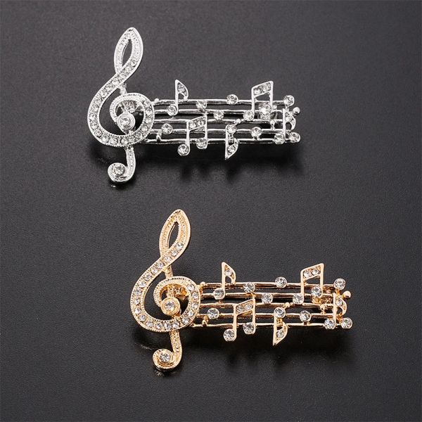 Broches de notas musicales con diamantes de imitación, broche de Color dorado y plateado para mujeres y hombres, abrigo, suéter, trajes, bolsos, alfileres, accesorios de joyería, regalos