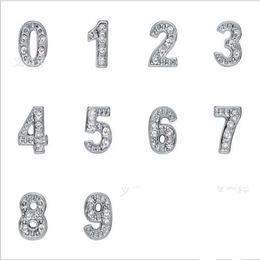 Strasssteine, versilbert, Zahl 0–9, Legierung, schwimmende Charms, passend für Glas-Medaillon, DIY-Schmuck, 100 Stück, Lot259u