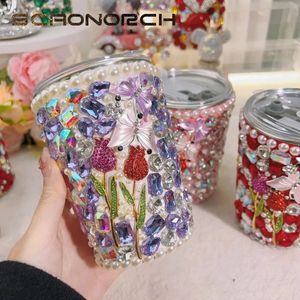 Strass en acier inoxydable Bling tasses avec couvercle de paille tasses à café jus boisson froide bouteille d'eau cristal diamant Thermos Tumbler 240115