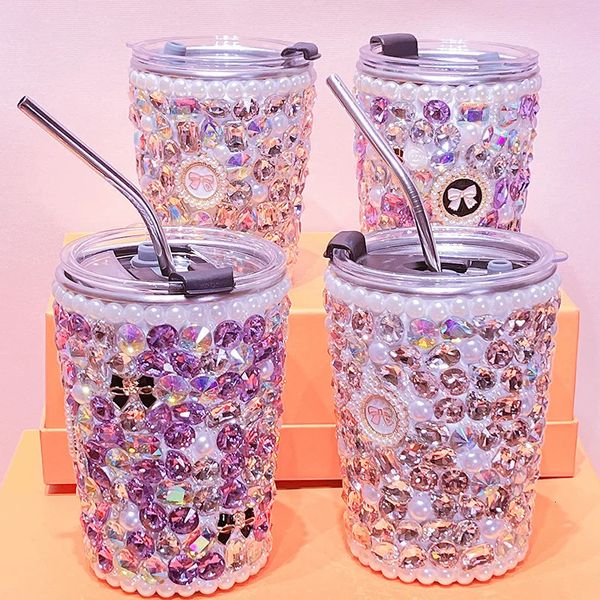 Strass en acier inoxydable tasse Bling tasses avec paille bouteille d'eau tasses à café jus boisson froide cristal diamant Thermos Tumbler 240110