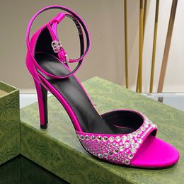 Rhinestones tacones de aguja sandalias satén cubierta tacón tacón abierto zapato suela de cuero diseñadores de lujo vestido de noche zapatos de fiesta calzado de fábrica