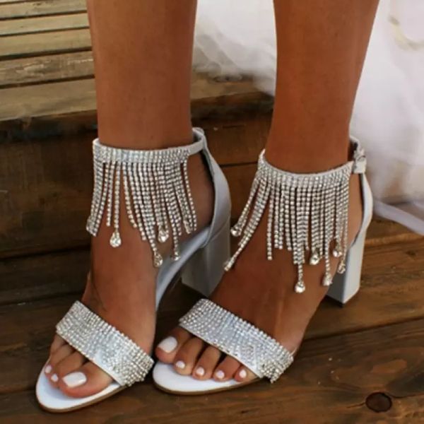 Rhinestones Tassel Chunky Heel Zapatos de boda Mujer Tacones altos blancos Correas Punta abierta Sparkle Crystals Fiesta de baile Ocasión Bombas Sandalias 3 pulgadas