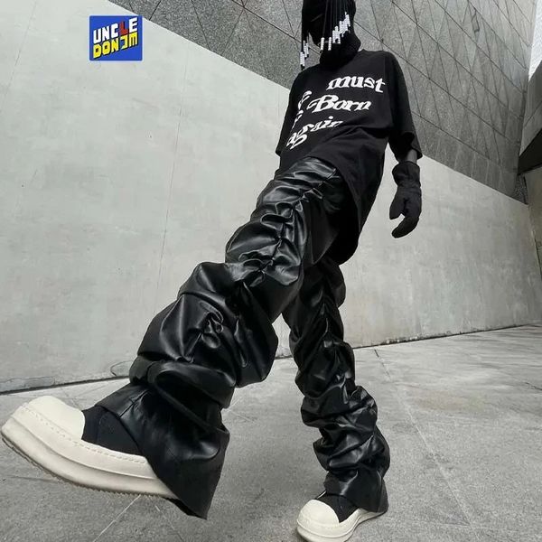 Rhnde pantalon en cuir plissé des hommes pantalon en cuir de moto pour hommes pantalon de faux cuir de street hommes Hip Hop 240326