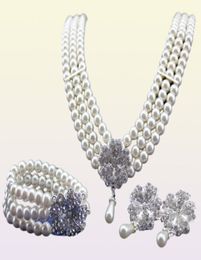 Rhodium Silver Tone Ivorycream Pearl Bridal Jewelry Set Collier Bracelet et boucles d'oreilles SETS5258223