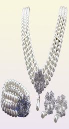 Rhodium Silver Tone Ivorycream Pearl Bridal Jewelry Set Collier Bracelet et boucles d'oreilles SETS9161100