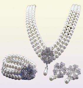 Rhodium Silver Tone Ivorycream Pearl Bridal Jewelry Set Collier Bracelet et boucles d'oreilles SETS7107539