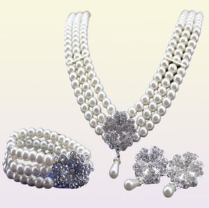 Rhodium Silver Tone Ivorycream Pearl Bridal Sieraden Set Bruiloft Ketting Bracelet en oorbellen Sets1555469