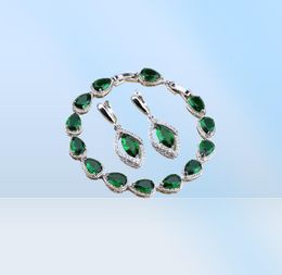 Rhombic Green Gemaakt Emerald White CZ 925 Sterling Silver Sieraden Sets voor dames oorbellenspendantnecklaceringsbracelet46113368288500