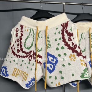 Rhude Designer Short Mesh Breathable Waist Flower Jacquard Letter Drawstring Wool Knitted Mens Casual Pants Retros Shorts Hdm01