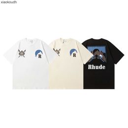 Rhude High End Designer Vêtements pour 24S Fashion Micro Label Sunset Snow Mountain Imprimé à manches courtes pour hommes et femmes High Street Half manches avec un logo 1: 1