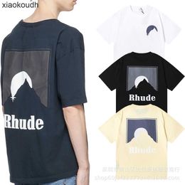 Rhude High end designer clothes for Fashion black moon print casual round neck shortsleeved tshirt for men and women couples loose bottom shirt half sleeve With 1:1 tag
