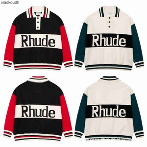 Rhude High End Designer Vêtements pour Polo Patchwork Hip-Hop Academy Style Polo Neck Pull tricoté pour les hommes et les paniers à la mode des hommes et des femmes avec des étiquettes originales de 1: 1