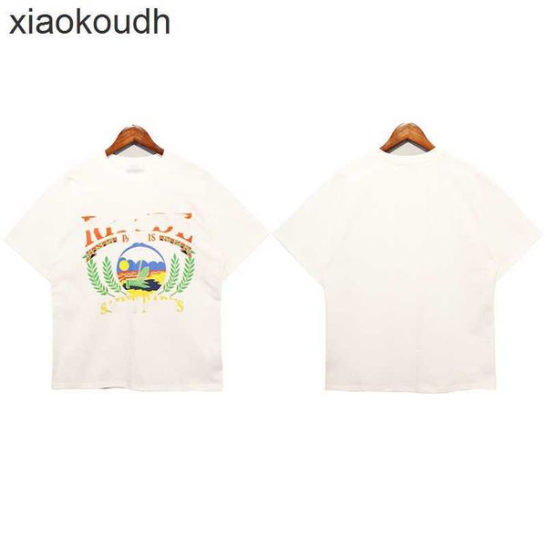 Rhude High End Designer Vêtements pour le printemps et l'été Nouveau Sunset Beach Leaf Letter LETTER IMPRESSION LOBE MENSURES ET LES FEMMES Même tshirt à manches courtes avec une étiquette originale de 1: 1