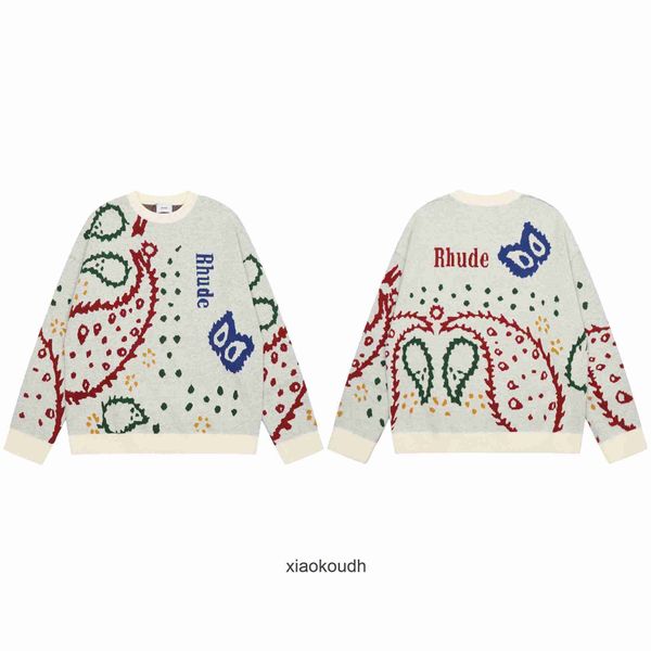 Hoodies de créateurs haut de gamme Rhude pour Chaopai Ethnique Noix de cajou Totem Jacquard Round Neck Knitwear Mens and Womens High Street Sweater Coat avec des étiquettes originales de 1: 1