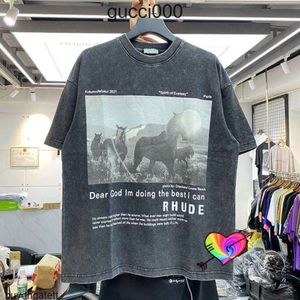 Rhude Horse T-shirt hommes femmes haute qualité Vintage T-shirt faire vieux lavé surdimensionné manches courtes Xuqe L09X 5MW9