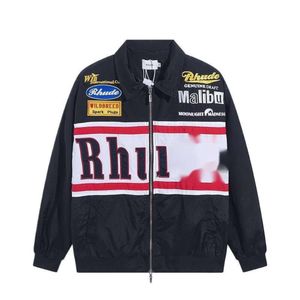 Rhude Jacket Designer Fashion Man Racing Suit Rhude Multiples Badges Broidered Lettres Small Flip Collar Zipper Patchwork Motorcycle