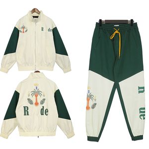 Rhude Mens Chándales Y2k Traje deportivo Diseñador Chaqueta Pantalones Traje Costura Color Par Mujer Calle Casual Traje de moda -99