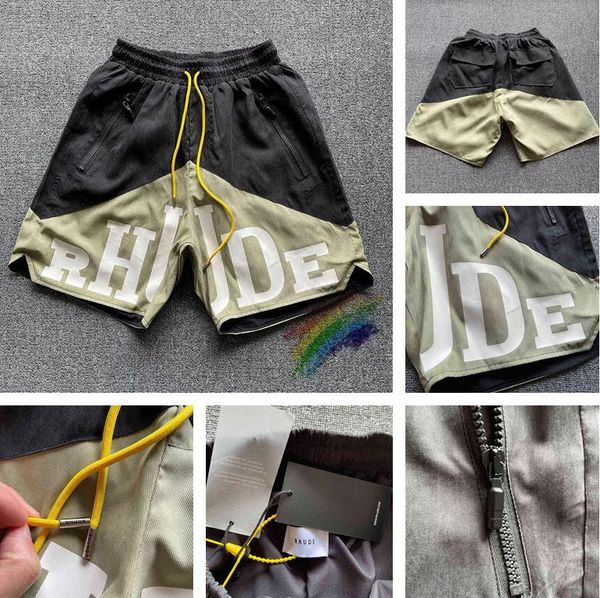 Rhude-pantalones cortos con estampado de letras grandes para hombre y mujer, calzoncillos de gran tamaño, con cordón amarillo, cabeza con cremallera