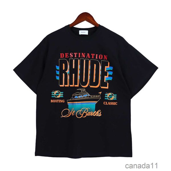 Rhude camiseta Europa América Ropa de marca de diseñador para hombre Cuello redondo Manga corta de alta calidad Tamaño estadounidense S-xxl 0WB3 QR43