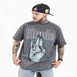 Camiseta Rhude para hombres y mujeres Os Harajuku lavada ropa de calle antigua camisetas estilo de moda de alta calidad Rhude Top Tees232b