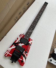 Rhxflame Eddie Edward Van Halen 5150 Rouge Blanc Bandes Noires Guitare Électrique Sans Tête Touche En Palissandre Chine Micros EMG Tremolo Pont Matériel Noir Incrustation De Points