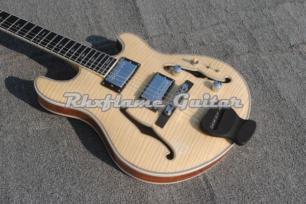 Rhxflame Langue Semi Creux Corps Érable Flammé Naturel Guitare Électrique Sculpté Cordier En Ébène Petit Bolck Incrustation Double F Trous