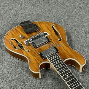 Rhxflame Languedoc G2 Semi Hollow Body Brown Bubinga Top elektrische gitaar Gesneden ebbenhouten staartstuk Small Block Inlay Dubbele F-gaten Chrome Hardware Schaller Tuners