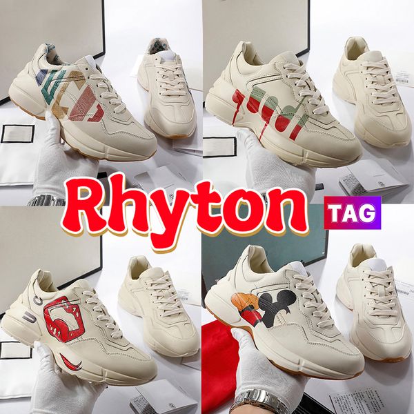 Rhyton Itália Correndo Sapatos Designer Plataforma Velho Daddy Sapato Couro Impresso Sneaker Mens Mulheres Sapatilhas Luxo Vintage Logo Boca Impressa Runner Trainers